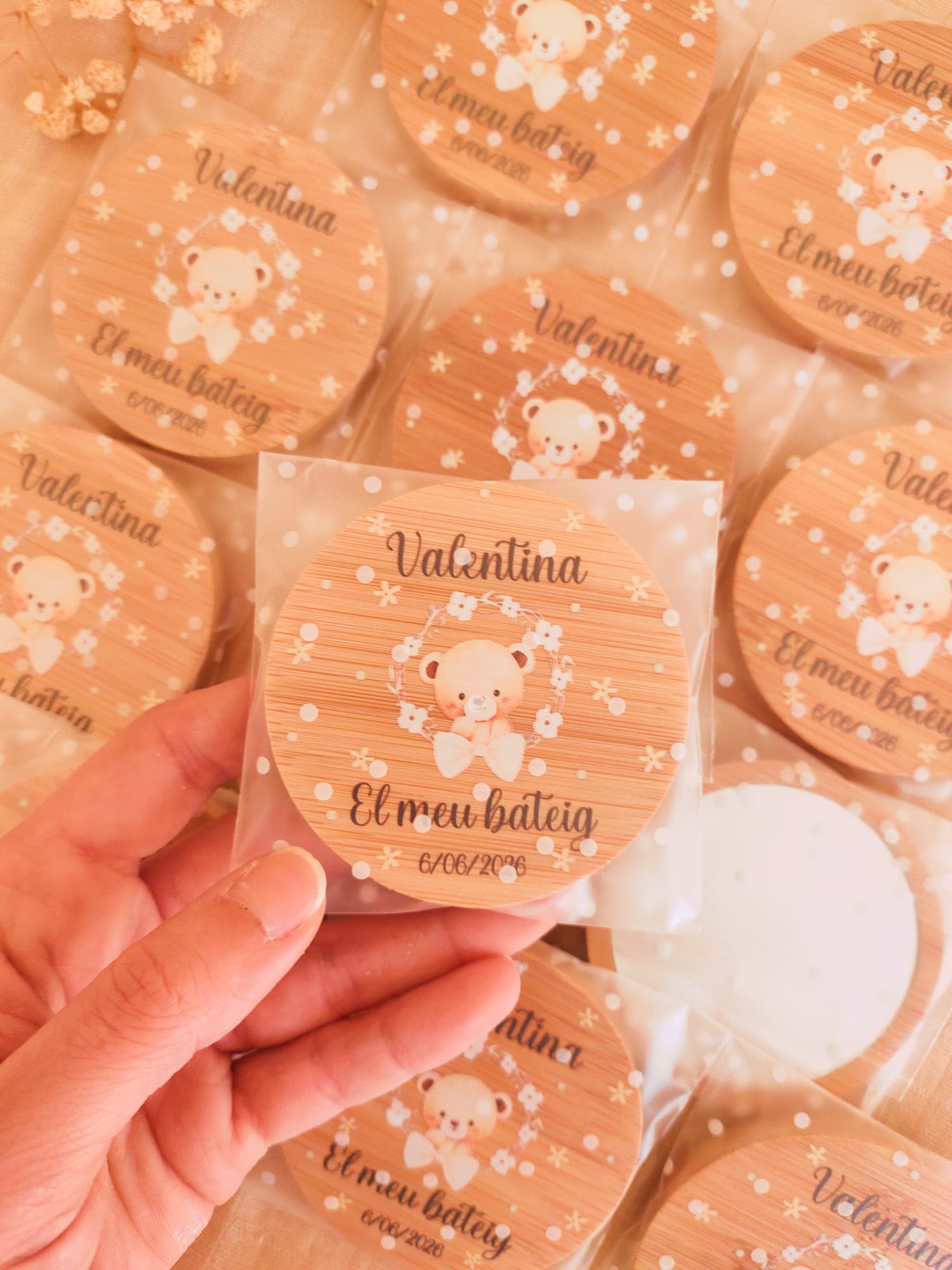 Espejo de bambú personalizado para invitados colección osito primavera