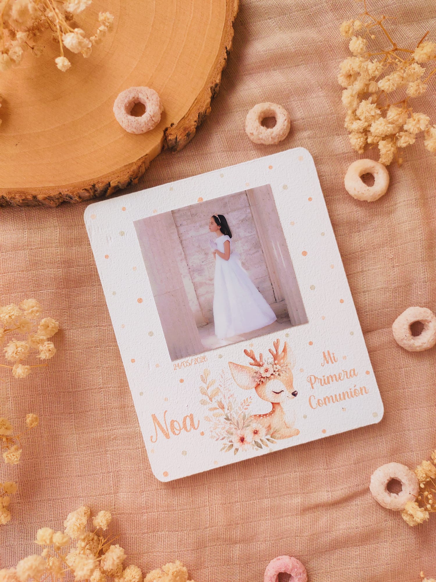 Recordatorio de madera personalizado para bautizo y comunión