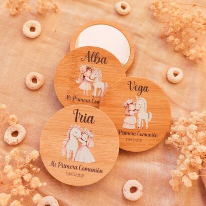 Espejo de bambú personalizado para invitados colección unicornios