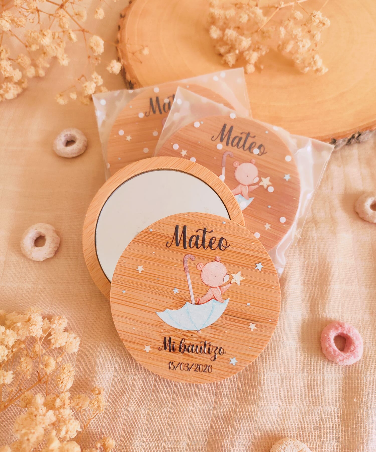 Espejo de bambú personalizado para invitados colección osito paragüas