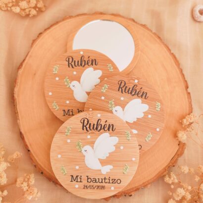 Espejo de bambú personalizado para invitados colección paloma